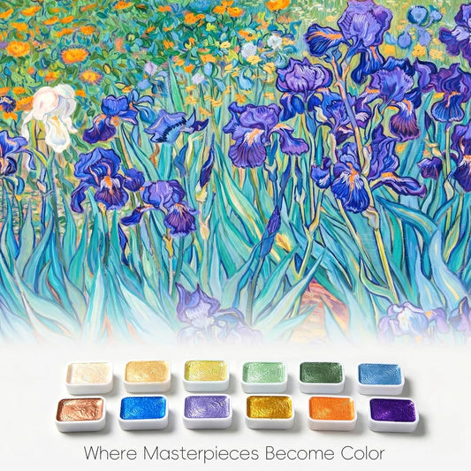 mini watercolor travel set, 12 Color Watercolor Paint Set (Pearl Shimmer) in Metal Tin with 300gsm Sketchbook, Portable Art Kit for Travel & Beginners(Inspired by Irises)