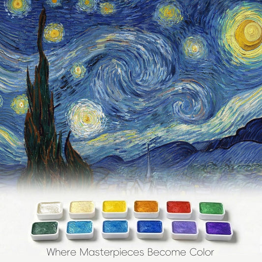mini watercolor travel set, 12 Color Watercolor Paint Set (Pearl Shimmer) in Metal Tin with 300gsm Sketchbook, Portable Art Kit for Travel & Beginners(Inspired by The Starry Night)