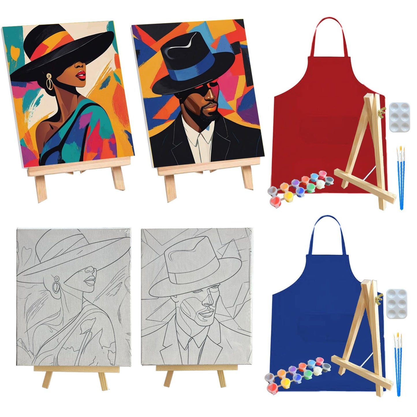 2 Pcs Sip and Paint Kit for Adults Valentine – Date Night Painting Set with Pre-Drawn Canvases, Paints, Brushes, and Easels – (Bold Couple)