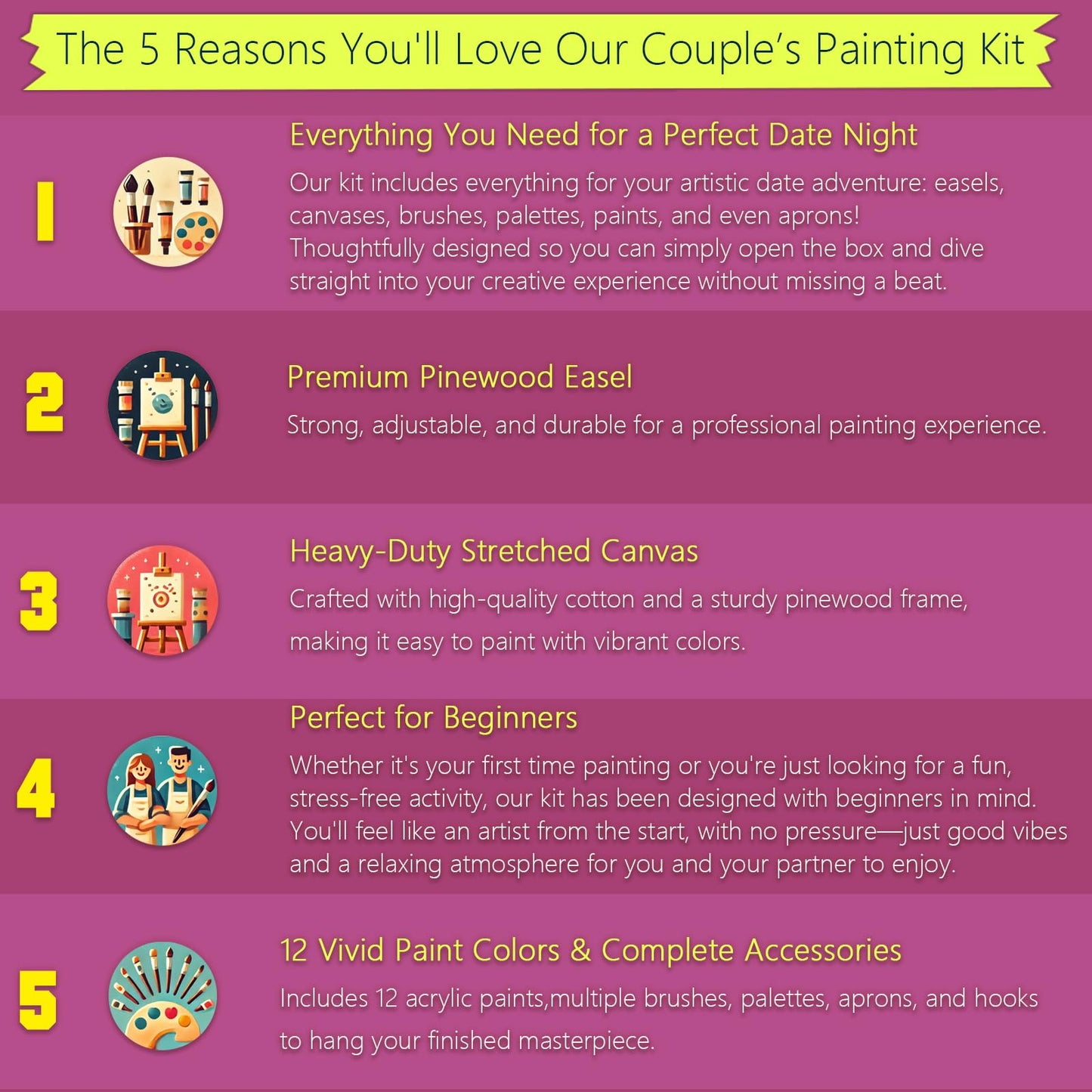 2 Pcs Sip and Paint Kit for Adults Valentine – Date Night Painting Set with Pre-Drawn Canvases, Paints, Brushes, and Easels – (Bold Couple)