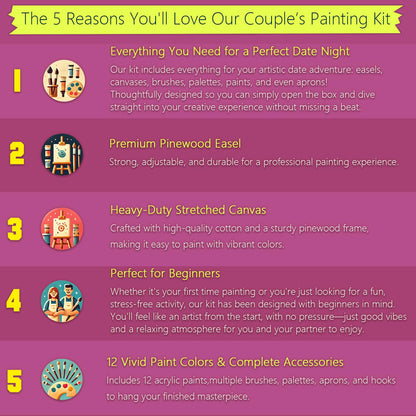 2 Pcs Sip and Paint Kit for Adults Valentine – Date Night Painting Set with Pre-Drawn Canvases, Paints, Brushes, and Easels – (Bold Couple)