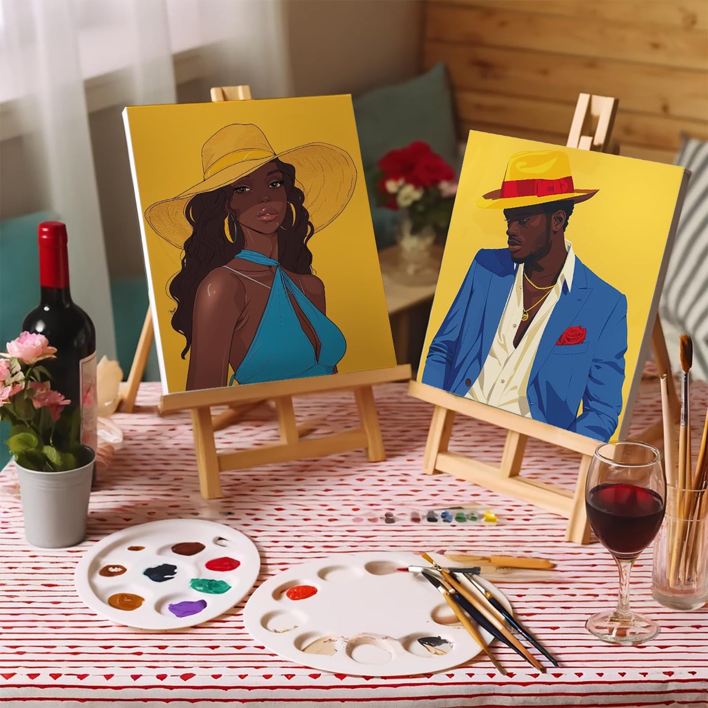 2 Pcs Sip and Paint Kit for Adults Valentine – Date Night Painting Set with Pre-Drawn Canvases, Paints, Brushes, and Easels – (Bold Couple)