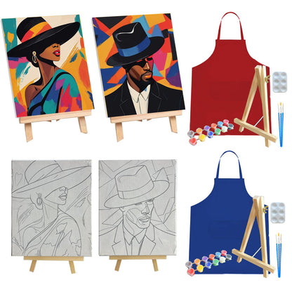 2 Pcs Sip and Paint Kit for Adults Valentine – Date Night Painting Set with Pre-Drawn Canvases, Paints, Brushes, and Easels – (Bold Couple)