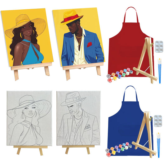 2 Pcs Sip and Paint Kit for Adults Valentine – Date Night Painting Set with Pre-Drawn Canvases, Paints, Brushes, and Easels – (Bold Couple)