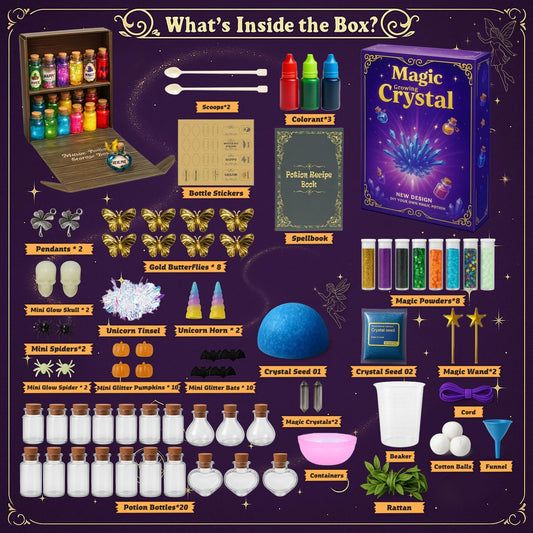 AMIZEY Potion Kits for Kids – 20 Bottles with Magic Growing Crystal, Arts and Crafts for Kids Ages, Halloween & Christmas Decorations Gifts for Girls Ages 6-12 (Magic Growing Crystal)