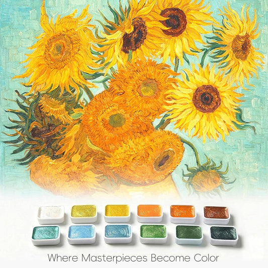 mini watercolor travel set, 12 Color Watercolor Paint Set (Pearl Shimmer) in Metal Tin with 300gsm Sketchbook, Portable Art Kit for Travel & Beginners (Inspired by Sunflowers)