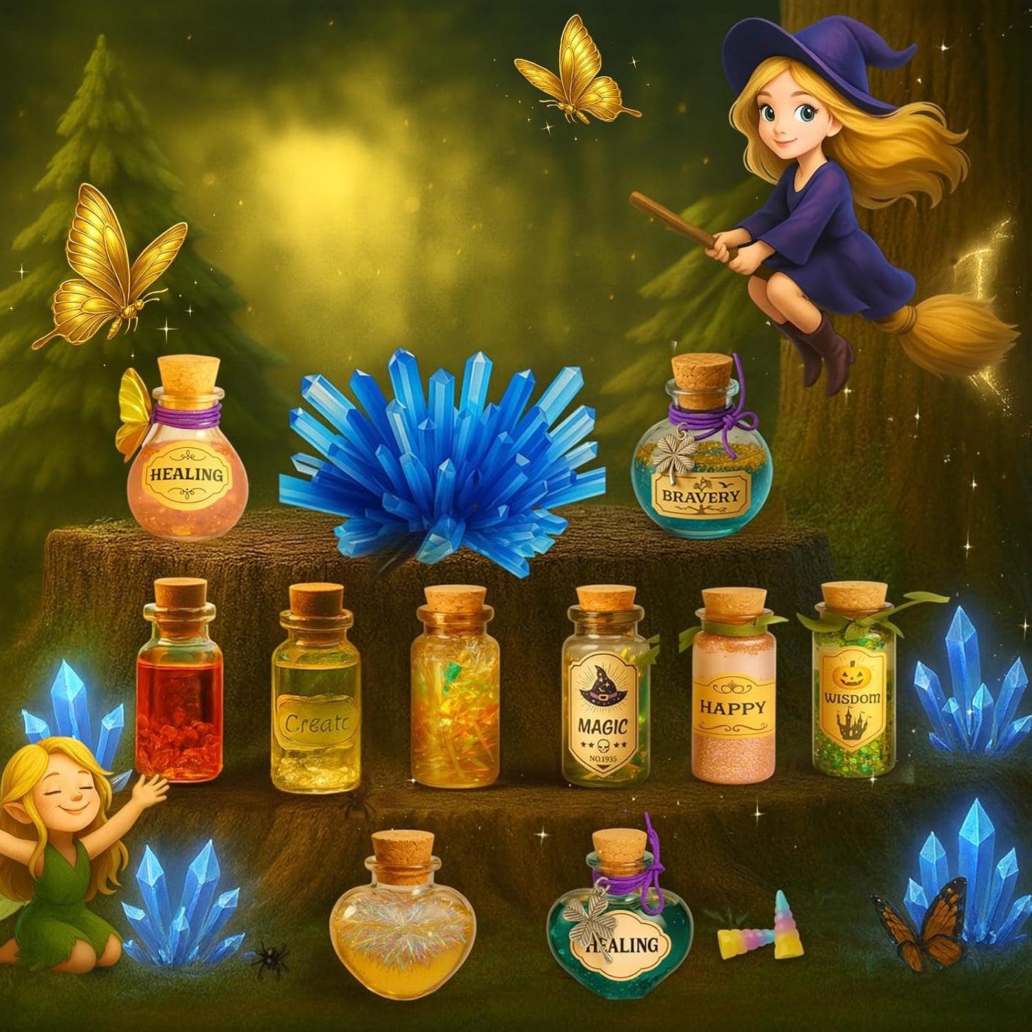 AMIZEY Potion Kits for Kids – 20 Bottles with Magic Growing Crystal, Arts and Crafts for Kids Ages, Halloween & Christmas Decorations Gifts for Girls Ages 6-12 (Magic Growing Crystal)